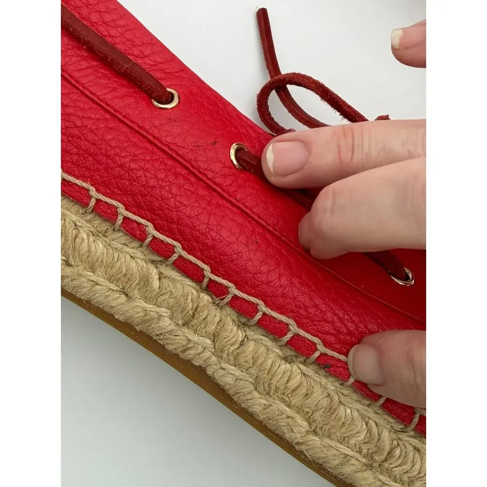 Tory Burch Skipper Boat Shoes Espadrilles Red Leather Size 9.5 Flatforms Flats